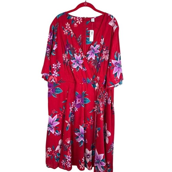 Old Navy Dress 2X Red Floral Midi Boho Western Tropical Feminine Retro 80s Flowy - Picture 1 of 12